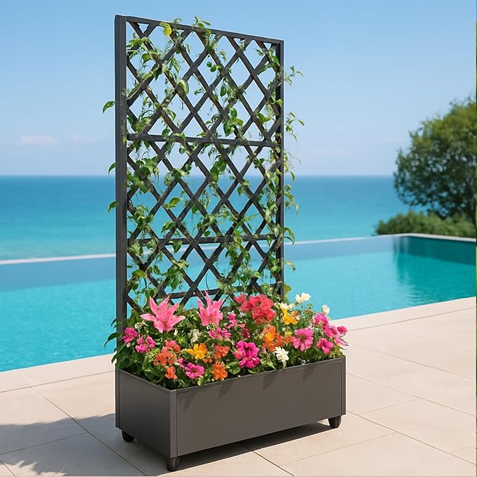 Metal Planter Box with Diamond Lattice Trellis - 72"x47" Galvanized Raised Garden Bed on Wheels for Climbing Plants and Vines, Black Finish