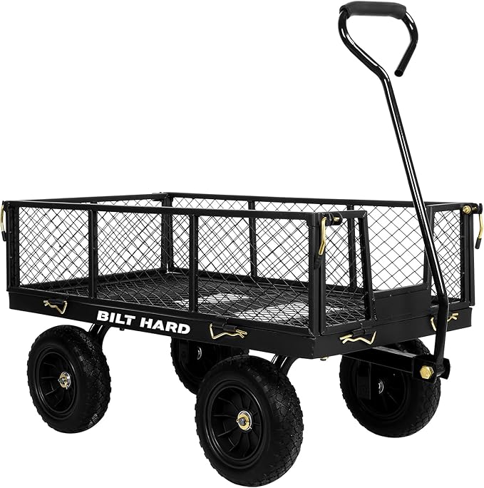 BILT HARD 880 lbs 10" Flat Free Tires Steel Garden Cart with 180° Rotating Handle and Removable Sides, Heavy Duty 4 Cu.Ft Capacity Utility Garden Carts and Wagons, Black