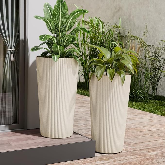 23.6" Tall Planters for Outdoor Plants,Large Outdoor Planters for Front Porch Decor with Drainage Hole, Flower Pots Fits Indoor Plants Patio/Garden, Plastic Striped Off-White (2 Pack)