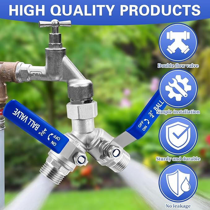 Garden Hose Splitter 2 Way Heavy Duty, 304 Stainless Steel Water Hose Splitter with Long Handle, Lead-free Y Water Garden Hose Splitter, 3/4" GHT Thread Full Flow 2 Way Water Hose Splitter