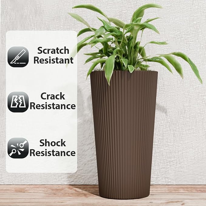 23.6" Tall Planters for Outdoor Plants,Large Outdoor Planters for Front Porch Decor with Drainage Hole, Flower Pots Fits Indoor Plants Patio/Garden, Plastic Striped Brown(2 Pack)