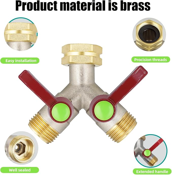 EJW Y-Valve Garden Hose Faucet Splitter, 3/4” GHT Threads,Outdoor Faucet Splitter, Brass High Flow, Garden Hose Y-Splitter 2-Way,Y-Valve Full Flow Hose Splitter,Garden Hose Splitter 2-Way Heavy Duty.