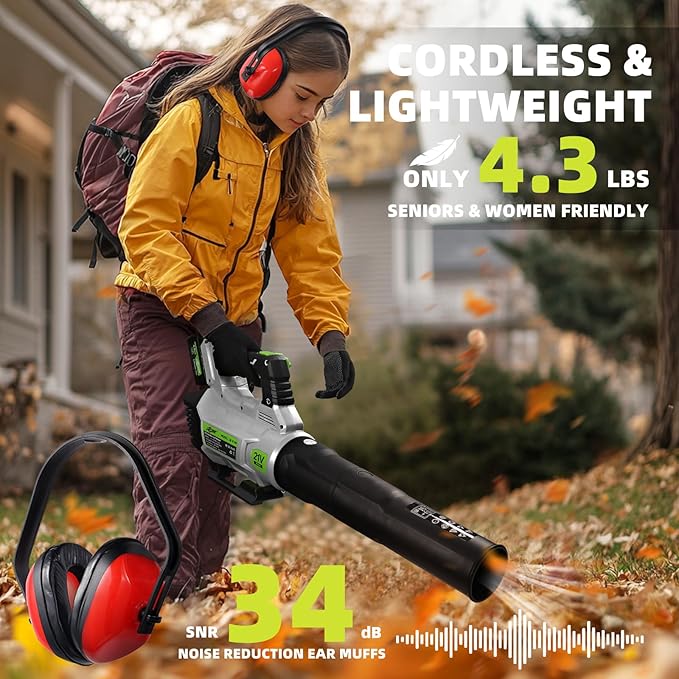 Leaf Blower Cordless, 21V Electric Leaf Blowers with 2X 4.0Ah Battery, Lightweight Snow Blower with Turbo Button, Variable Speed Dial, and Cruise Control for Sidewalks, Garages, Yards & Patios