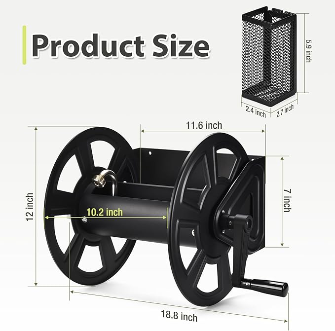 GADFISH Garden Wall Mounted Hose Reel, Metal Hose Reel, Holds 125ft of 5/8-Inch Hose(Not equipped), Equipped with 3.9ft Water Supply Hose and Small Storage Basket, Suitable for Gardens & Yards