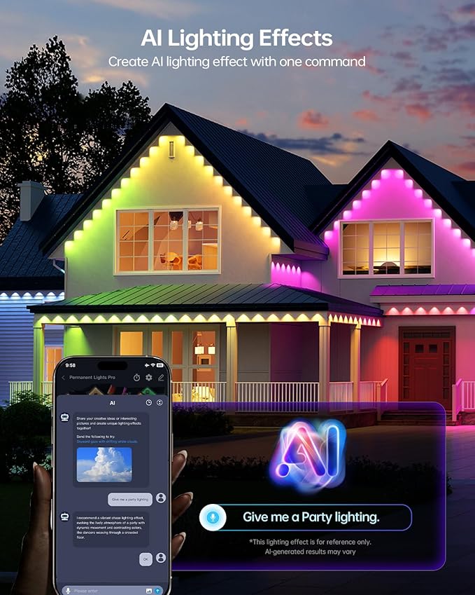 ASAHOM Permanent Outdoor Light Pro S108C, 150FT with 108 RGBCW 70lm LED, WLED Integration, AI Lighting, 30000 Lighting Effect Combination, IP67 Waterproof for Halloween Christmas Daily Decor, Black