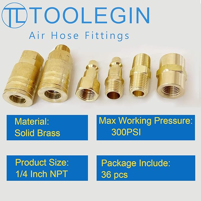 1/4" Air Hose Fittings, 36 pcs Quick Connect Air Compressor Accessories Kit, Air Compressor Fittings with A Sturdy Storage Case, 300 PSI