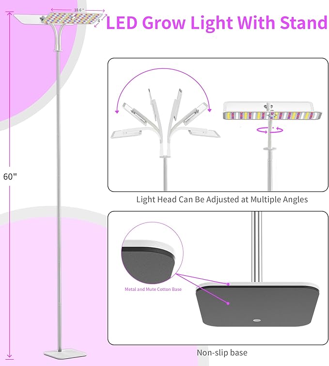 KINGPLUS Grow Lights with Base, Double Head, Full Spectrum LED Grow Light for Indoor Plants, 240 Leds, 4 Dimmable Levels, Timer 4/8/12h, 12-60inches Height Adjustable, 36w, Ideal for Desk Small Plants
