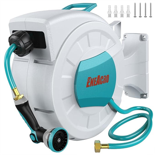 ENEACRO Retractable Garden Hose Reel with Wall Mount 1/2"×100ft with 10 Pattern Hose Nozzle, Brass Connector, Auto Rewind/Any Length Lock/ 180° Swivel Bracket, Ideal for Garden Watering