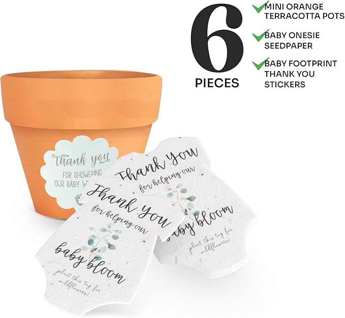 Set of 6 Seed Paper – 6 Green Onesie & 6 Orange Pots with Stickers for Baby Shower, Gender Reveal, Birthday, Mother's Day & Other Milestone Celebrations
