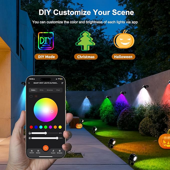Smart RGBW Spot Lights Outdoor, 8 Pack Low Voltage Landscape Lighting with APP & Remote control, Waterproof and Timing, Color Changing Outdoor Spot Lights for Yard Christmas Halloween Spotlights