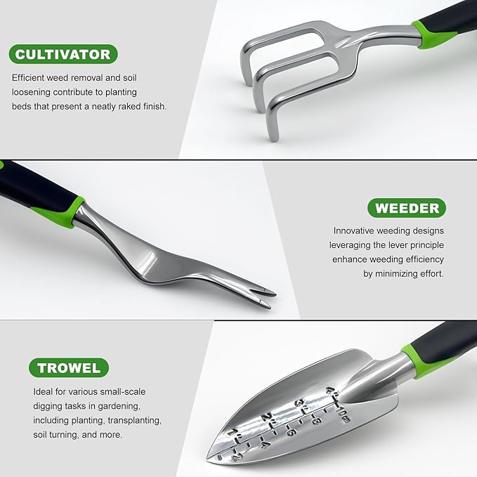8 Piece Garden Tools, Green Anti-Slip Heavy Duty Gardening Hand Tools. Suitable for Gardeners, Potted Indoor use of Small Garden Tools to Organize with a Handbag