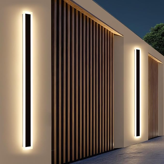 Upgrade Widened 2 Pack Modern Outdoor Wall Light, 71inch Minimalist LED Wall Sconce, 3 Color 3000K/4500K/6000K, 60W, IP65 Waterproof, Black Long Exterior Lighting Fixture for Patio, Garden, Garage