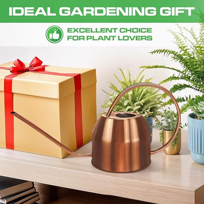 Plexon Rose Gold Metal Watering Can Indoor Plants 40 oz, Stainless Steel Long Spout Watering Can Outdoor House Plant Flower, Garden