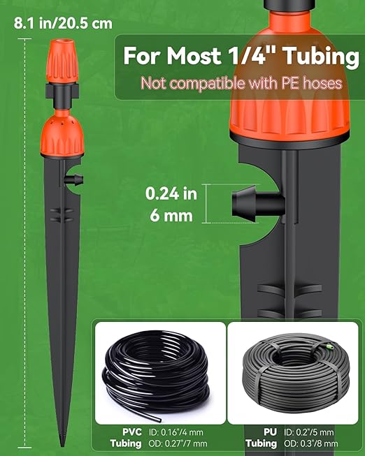 Pawfly 30 Pcs Drip Irrigation Emitters for 1/4" Tubing, 2-in-1 Irrigation Drippers with Misting Nozzles & 8-Stream Sprinklers, Drip Irrigation Parts with Stake & Adjustable 360 Degree Water Flow