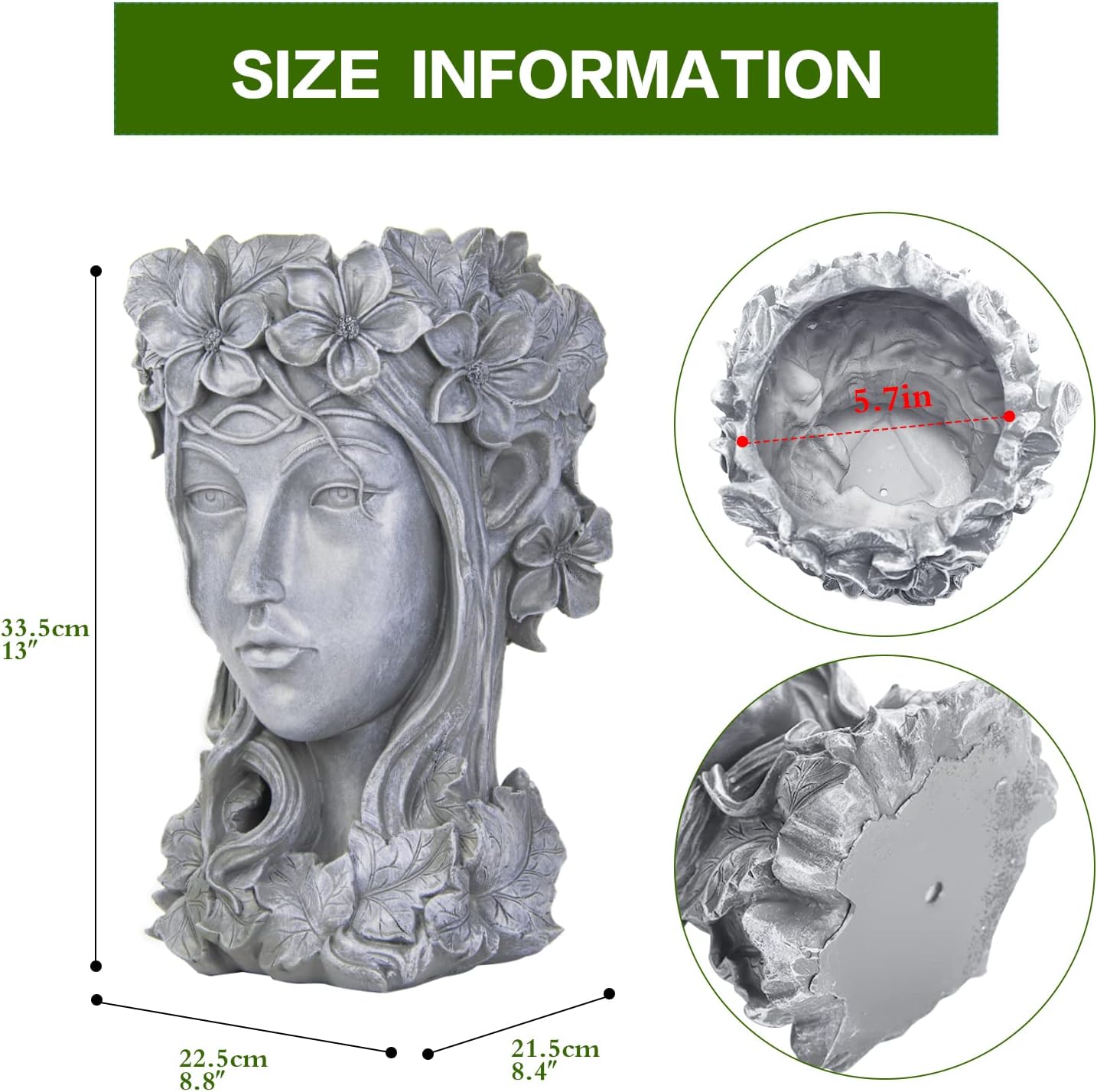 Sungmor Creative Goddess Head Planter Statue for Garden Ornaments | 9×9×14 Inch Premium Resin | Cool Face Large Diameter Flower Pot for Patio Lawn Garden Yard Decor
