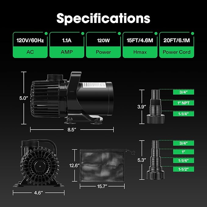 VIVOSUN 2700 GPH Submersible Water Pump with Barrier Bag, 120W Pond Pump, Ultra Quiet Aquarium Pump with 15FT. Lift Height for Pond, Waterfall, Fish Tank, Statuary, Hydroponic