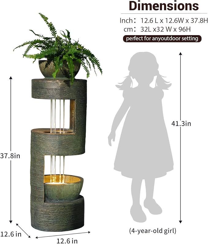 37.8" Outdoor Fountain with Waterfall & LED Lights, Freestanding Garden Water Fountain for Patio/Backyard, Resin Tiered Fountain with Pump