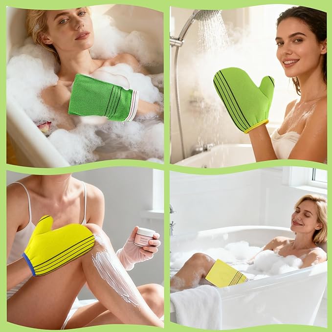 Korean Exfoliating Mitt & Glove Set, 4-Pack Exfoliating Bath Towels and 2-Pack Bath Gloves in Green & Yellow for Deep Dead Skin Removal, Smooth Skin and Spa-Like Experience,