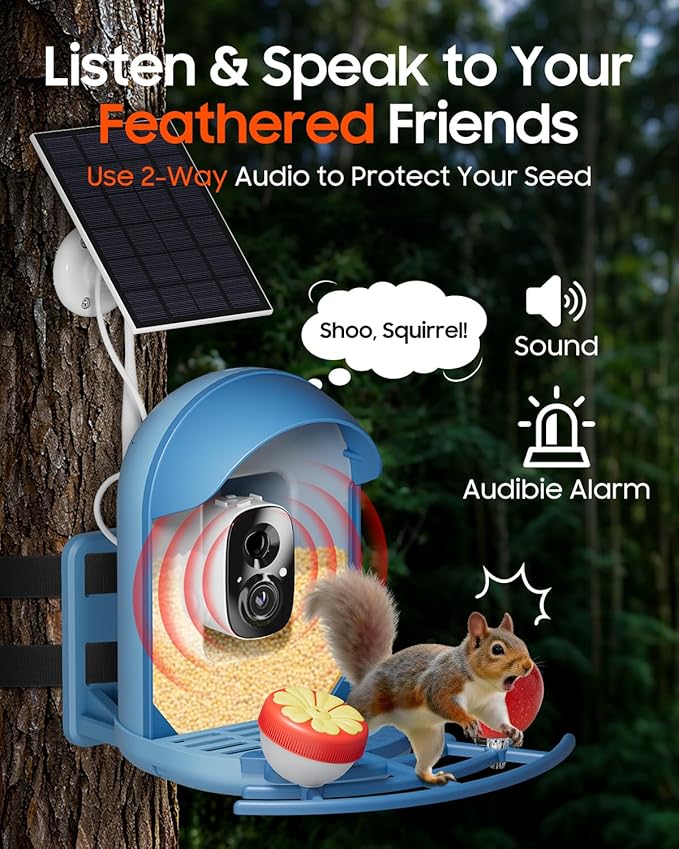 Camii Bird Feeder with Camera, Smart Birdfeeder with AI Identify Birds Species, 2K HD, Solar Powered, Night Vision, Real-Time Alert, IP66 Waterproof for Backyard Bird Watching Enthusiasts (Blue)