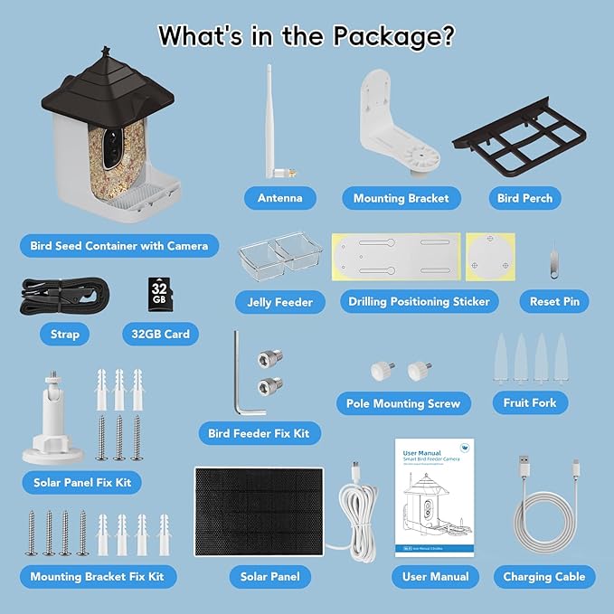 Smart Bird Feeder with Camera, Solar Panel & 5200mAh Battery, 4K HD Video, AI Identification, Instant Arrival Alerts & Alarm, IP65 Weatherproof, 32GB Card, 2L Capacity, Bird Lover’s Smart Companion
