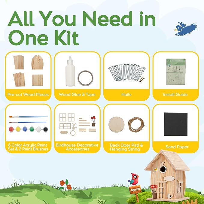 Wooden DIY Bird House Kit for Adults to Build, Outdoor Woodworking Crafts Freestyle Painting, Hanging Birdhouse for Garden Yard Decor Gifts Nesto