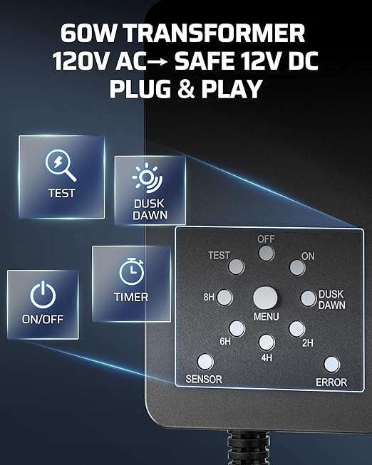 DEWENWILS 12V Landscape Lighting kit, 1x60W Transformer with Timer+8x3.2W Aluminum LED Low Voltage Landscape Spotlight Lights, 100FT Wire+8 Pack Connector for Patio Yard Garden