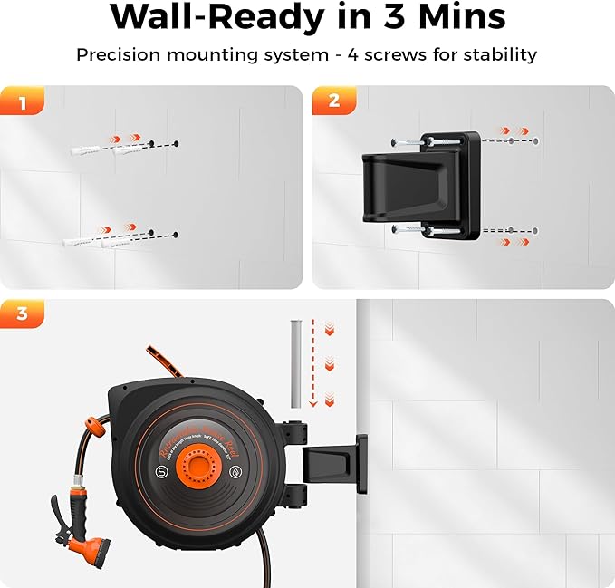 Retractable Garden Hose Reel 1/2 in x 50 ft, Auto-Rewind & Any Length Lock, 180° Swivel Heavy Duty Hose Reel Wall Mount for Outside, 10 Spray Patterns, UV-Resistant