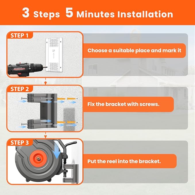 Upgraded Retractable Garden Hose Reel 1/2 in x 100 ft PRO 180° Swivel Metal Bracket Automatic Slow Return Heavy Duty Wall-Mounted Hose Reel Any Length Lock 9 Pattern Nozzle UV Resistant