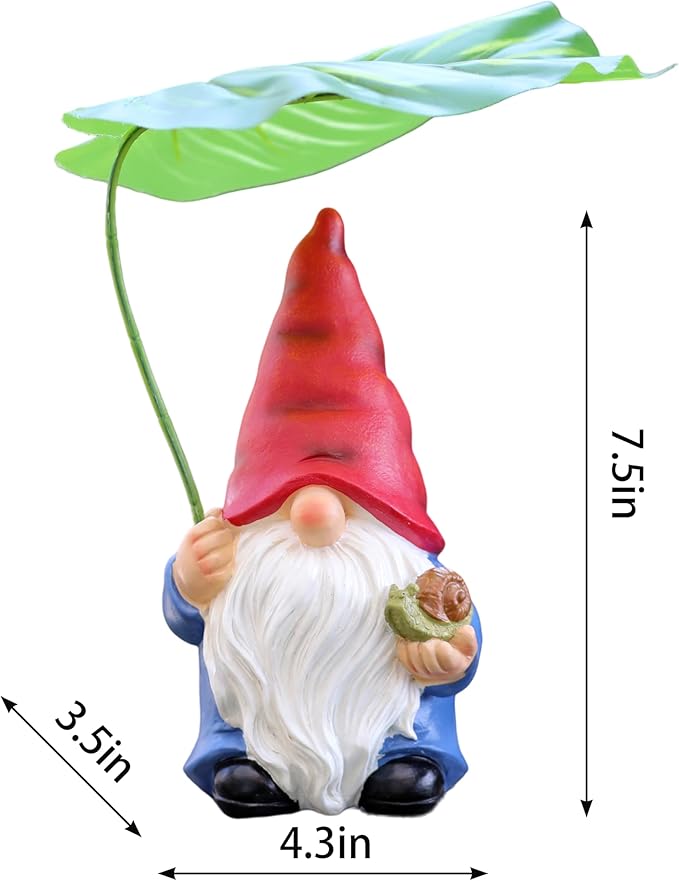 Garden Gnome Statue Decoration with Leaf Umbrella, 7.5” Figurine Ornament for Indoor Outdoor Home Patio Yard Lawn, for Gnome Lovers & Garden Enthusiasts,Mom,Women
