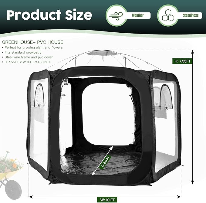 Porayhut Pop Up Greenhouse Tent,Portable Large Walk-in Plant House 10’X10’ ,Indoor Outdoor Gardening Plant Sunshine Room with PVC Mesh Cloth Cover for Protecting Plant from Cold Frost & Birds