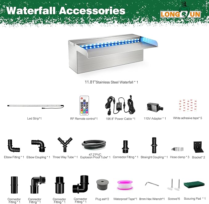 LONGRUN Waterfall Pool Fountain, Updated 5.9'' Wider Open Lip Stainless Steel Waterfall Spillway, Decorative Water Feature for Swimming Pools, Koi Ponds, Spa & Garden - 11.8''