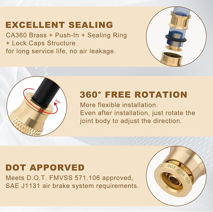 1/4" Quick Push to Connect Fittings Brass Union Straight Joint DOT Approved 1/4 inch tube OD Air Line Adapter Air Spring Suspension Kit for Car Truck Trailers and Air Brake System 5pcs