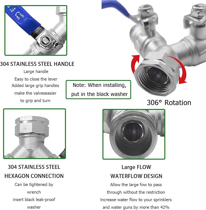 Garden Hose Splitter 2 Way 3/4" GHT Thread Heavy Duty 304 Stainless Steel Y Valve Water Hose Splitter With Long Handle