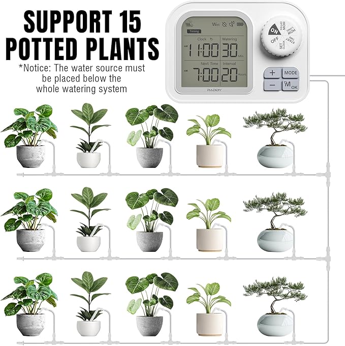 Raddy WS-7 Solar Drip Irrigation Kit with IPX7 Waterproof, Auto Watering System for 15 Potted Plants, with Auto-Soil Humidity Detection, 2600mAh Battery, Large Display for Indoor Outdoor Balcony