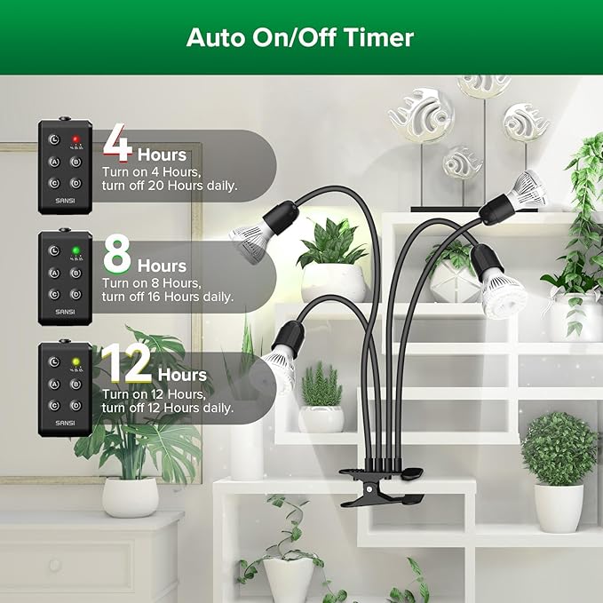 SANSI LED Grow Lights for Indoor Plants, Lifetime Free Bulb Replacement, 600W Full Spectrum 4-Gooseneck Clip Plant Grow Light, Plant Light with Timer 4/8/12 Hrs, High PPFD Growing Power Grow Lamp