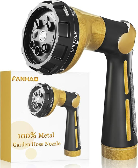 FANHAO Garden Hose Nozzle Heavy Duty, 100% Metal Water Hose Sprayer with 8 Spray Patterns, High Pressure Spray Nozzle Thumb Control On Off Valve for Outdoor Lawn & Plant Watering, Car & Pet Washing