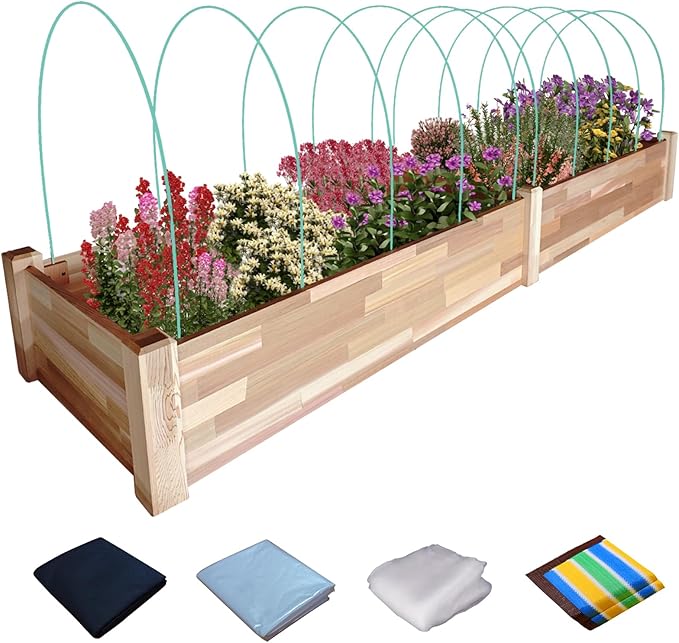 Western Red Cedar Raised Garden Bed (8ft L x 2ft W x 9in H), Wood Planter Box with Multiple Acessories for Growing Herbs, Vegetables, Flowers