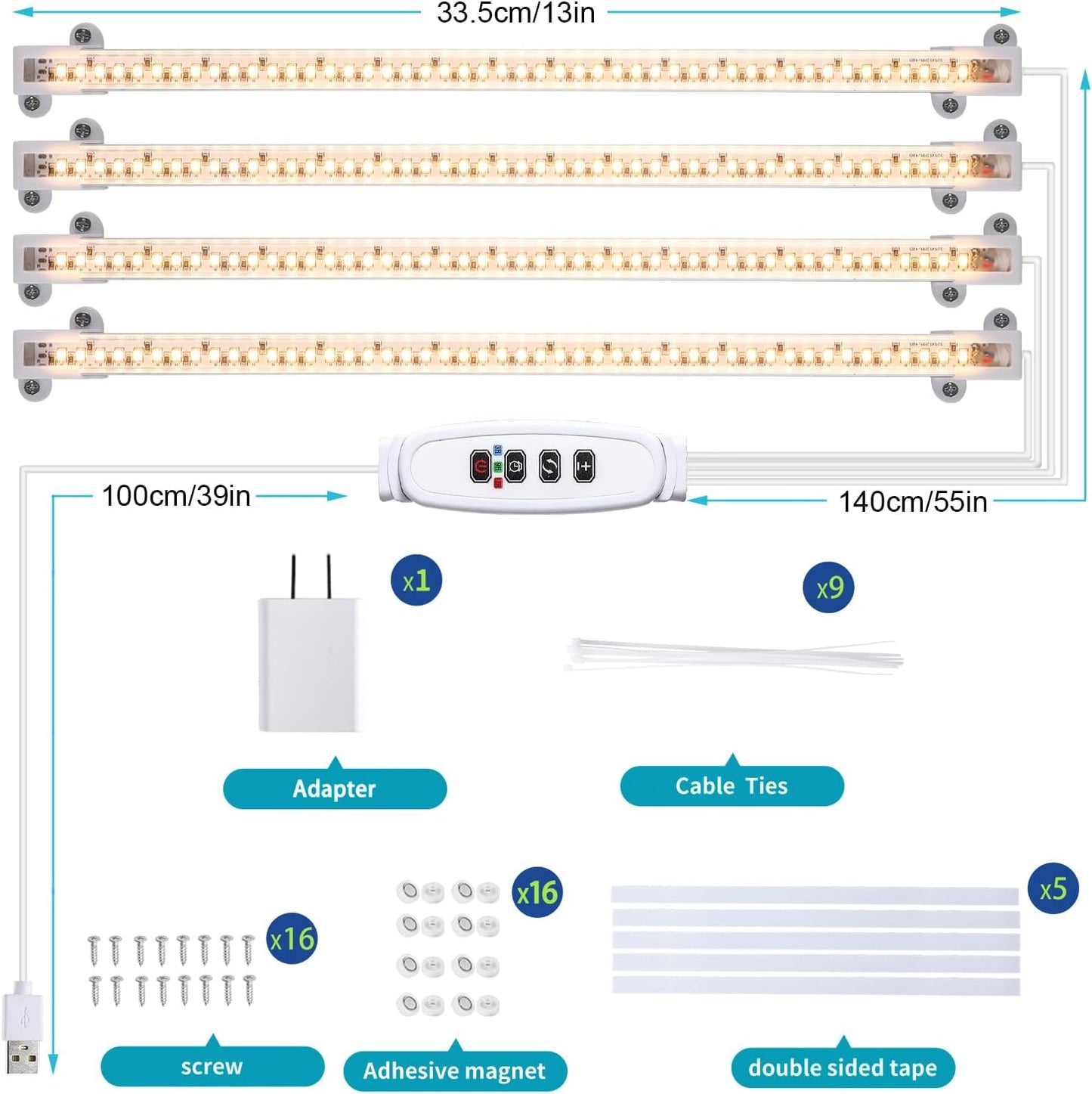 LED Grow Light Strips for Indoor Plants Full Spectrum 3500K, 192 LEDs Plant Light Bar with 3/9/12H Timer, 10 Dimmable Levels for Seedling Succulent, 13 Inches, 4 Head