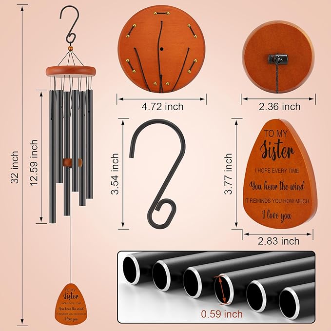 Sister Birthday Gifts, Sister Gifts for Birthday, Mothers Day, Thanksgiving, Christmas, 32 Inch Wind Chimes Gift for Home Decor