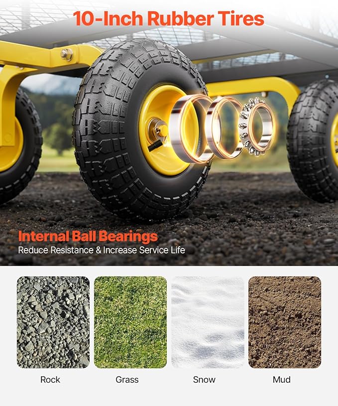 VEVOR 500 Lbs Steel Garden Cart, Heavy Duty Garden Wagon Cart Pullable on Wheels, Metal Yard Utility Wagon Carts with 10" All Terrain Tires, Mesh Removable Sides and 180°Rotating Handle