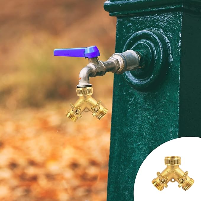 Hourleey Brass Garden Hose Splitter (2 Way), Solid Brass Hose Y Splitter 2 Valves with 2 Extra Rubber Washers (Brass)