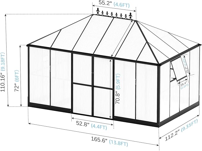 Jocisland 14x9.5x9 FT Polycarbonate Greenhouse- 6 FT Wall Height Outdoor Aluminum Greenhouses with 2 Ventilation and Rain Gutter, Double Doors with Hook, Walk-in Greenhouse for Backyard Garden