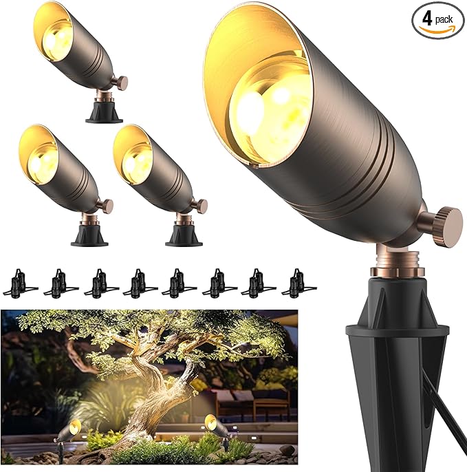 Solid Brass 12V Low Voltage Wired Landscape Lighting,Heavy-Duty Waterproof Outdoor Electric LED Spotlights Fixtures for Yard, Tree & Garden, Bronze Uplights, MR16 Bulb Not Included (Classic, 4 Pack)