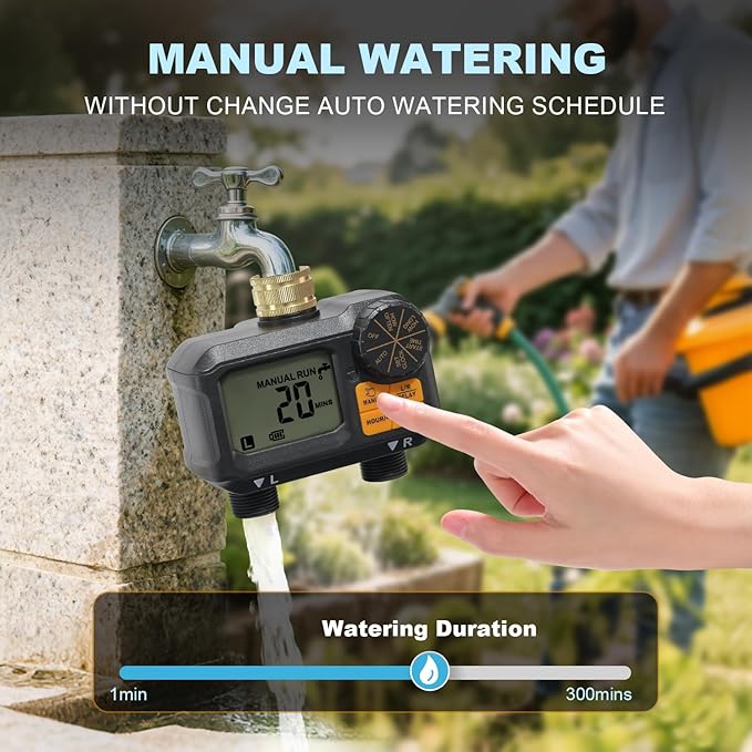 Water Timer for Garden Hose - 2 Zone Timed Sprinkler with Rain Delay/Manual Watering/Automatic Irrigation Programmable Faucet Timer for Yard Lawn