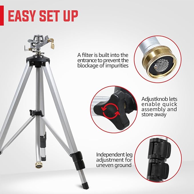 YAMATIC 2 Pcs Impact Sprinkler on Adjustable Tripod Base, 360 Degree Large Area, Heavy Duty Adjustable Pulsator Sprinkler for Lawn, Yard and Grass Irrigation, Spray up to 20-90ft