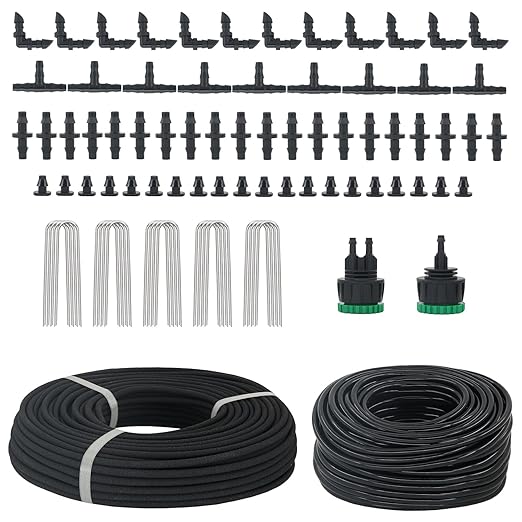 200ft 1/4'' Soaker Hose Tubing kit for Drip Irrigation with 100ft Drip Irrigation Tubing 102pcs Irrigation Fittings for Drip Water System Raised Garden Bed Greenhouse Patio Lawn