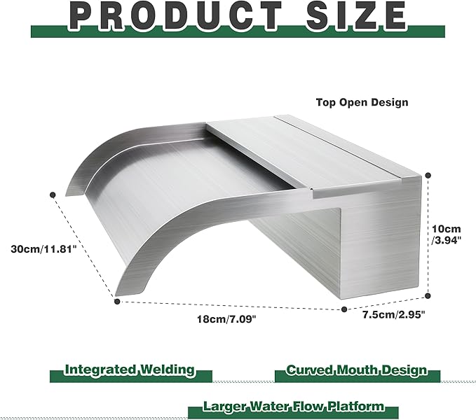Waterfall Spillway, Stainless Steel Pool Fountain w/Top Open Lip & Pipe Connector Kits for Outdoor/Indoor Decorative, 11.8'' Pool Water Feature for Garden Patio, Backyard Koi Pond Decor