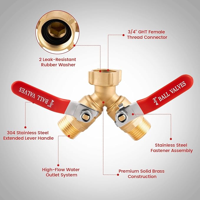 Garden Hose Splitter 2 Way Heavy Duty - Solid Brass Hose Y Splitter with Stainless Steel Long Handle, 3/4" GHT Thread for High Flow Rates & Leak-Free Connection