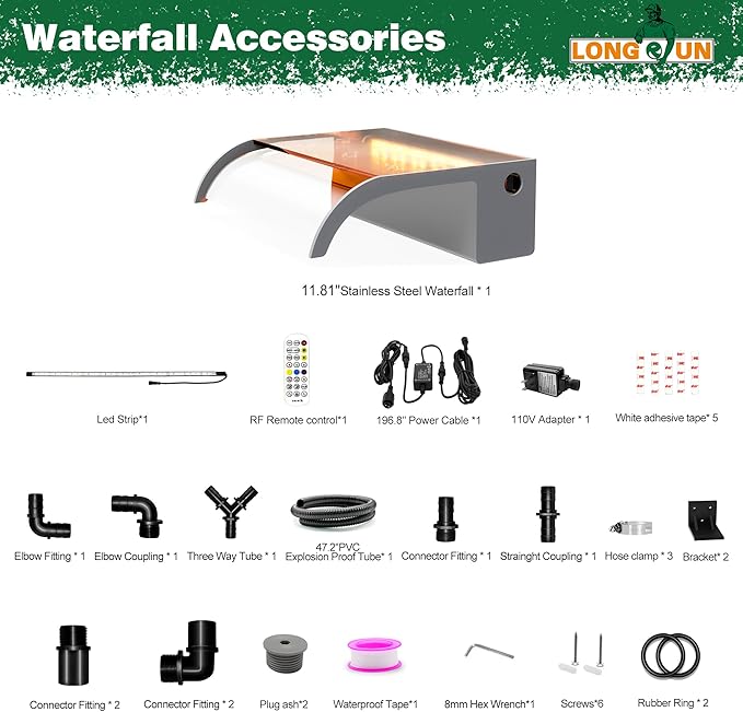 Waterfall Pool Fountain, LONGRUN Acrylic Waterfall Spillway for Pools and Ponds - 11.8" Wide Decorative Water Feature for Swimming Pools, Koi Ponds, and Garden