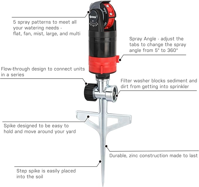 Eden 94143 Multi-Pattern Sprinkler Plus One-Direction Misting System with Metal Sprike Set; Gear Drive, Heavy Duty, Gardening Watering System, Garden&Lawns, 5 Pattern, Coverage up to 3737sq.ft
